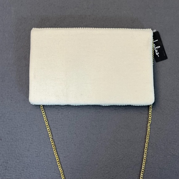 Lulus Women's Small Ivory White Gold Beaded Clutch Scalloped Bag 100% Cotton NWT - Picture 8 of 10